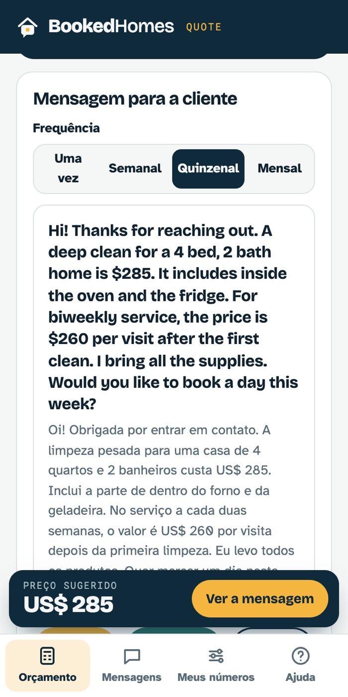 Tela do aplicativo BookedHomes Quote com a mensagem de orçamento em inglês e a tradução em português